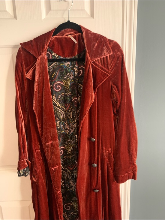 Free People Jackets & Blazers - Free People Rust Red Velvet Trench Coat with Paisley Lining